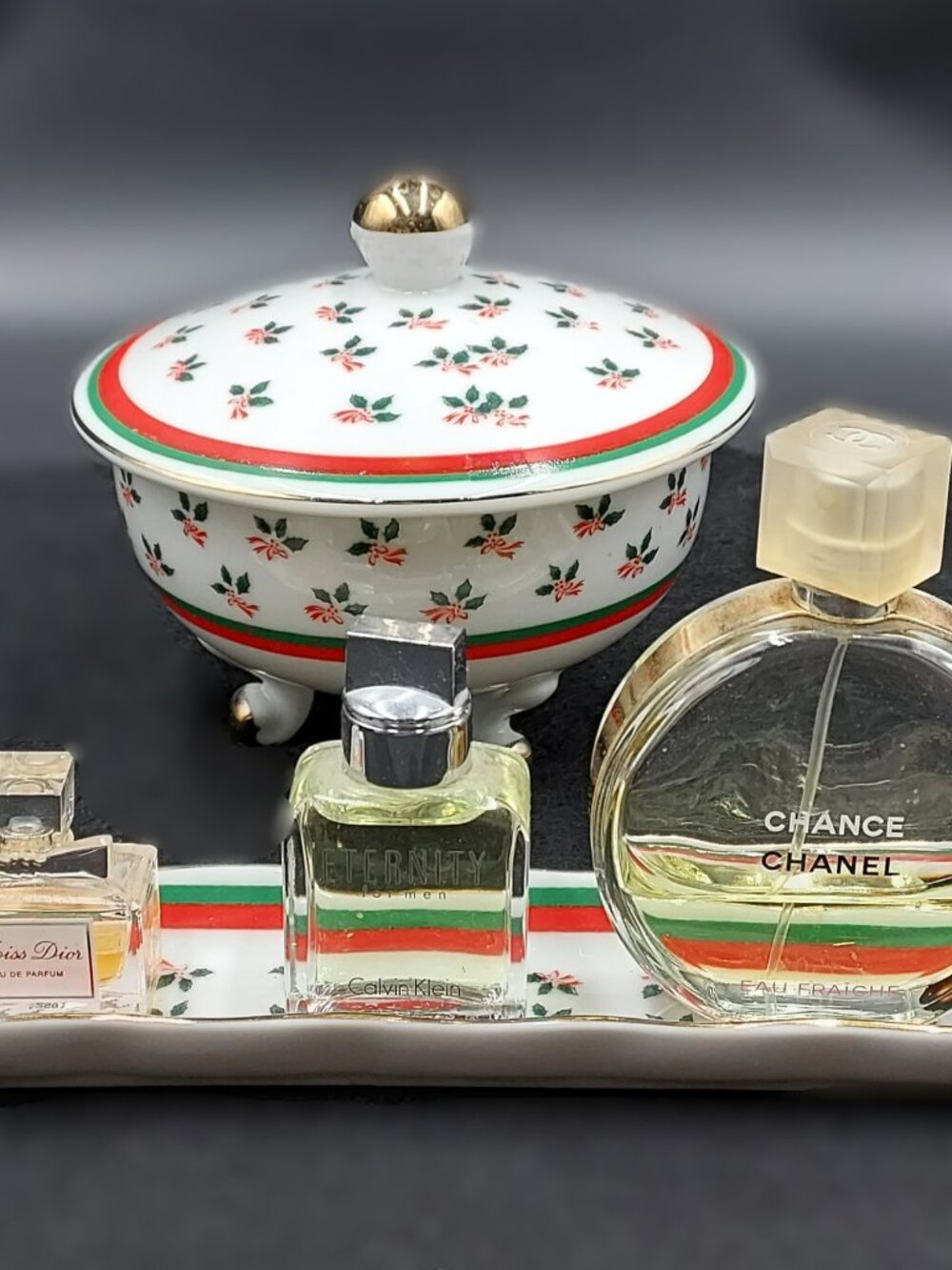 Vintage Lefton Handpainted Holly Holiday Covered Dish and Tray